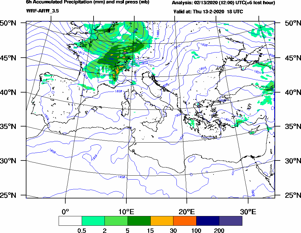 6h Accumulated Precipitation (mm) and msl press (mb) - 2020-02-13 12:00