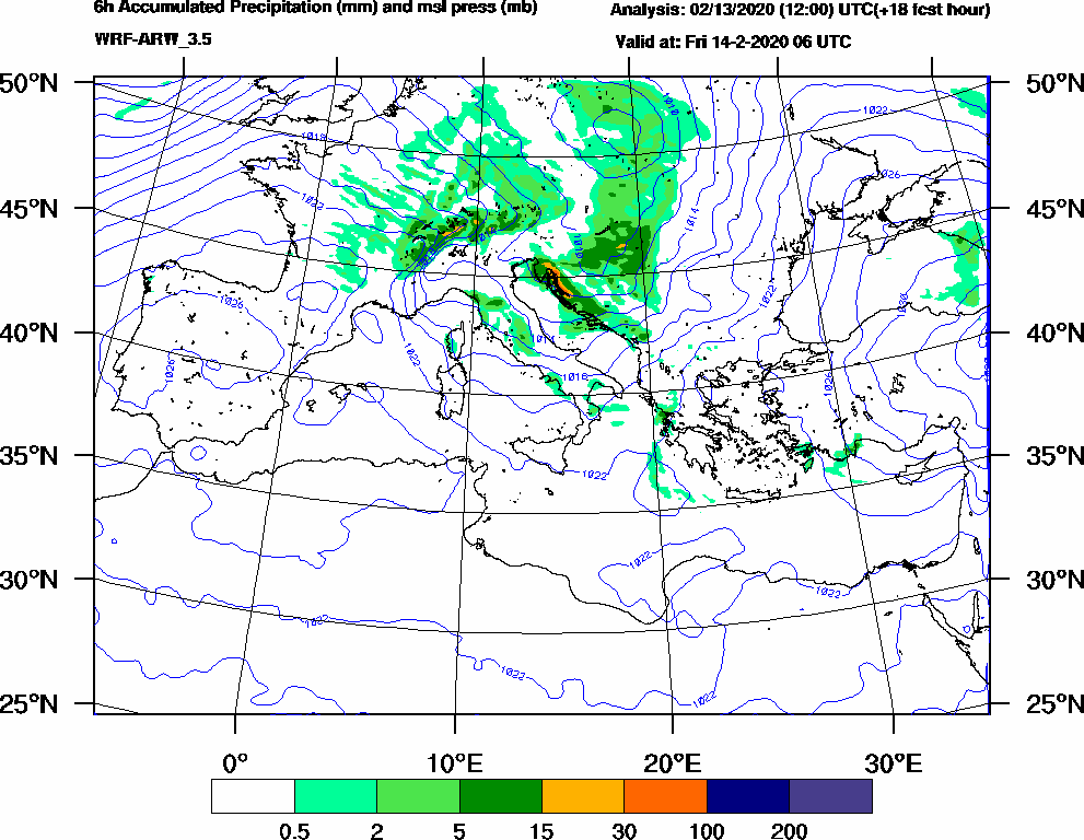 6h Accumulated Precipitation (mm) and msl press (mb) - 2020-02-14 00:00