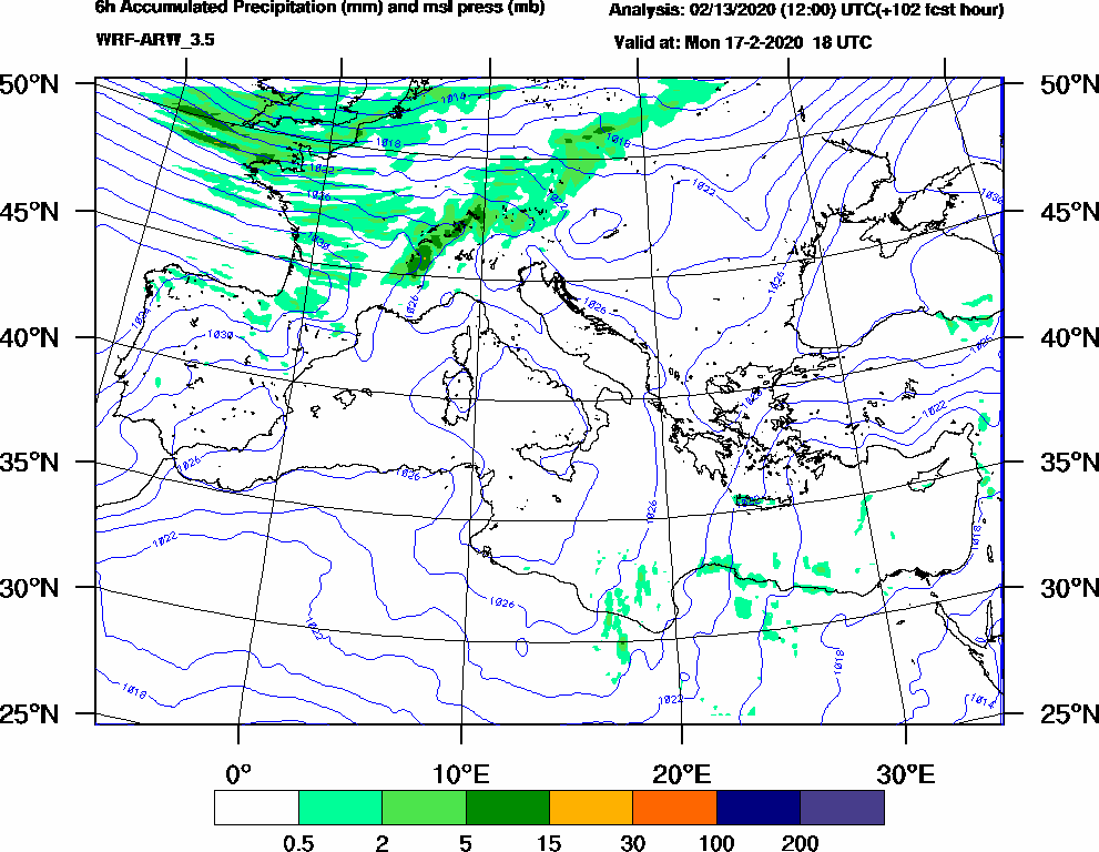 6h Accumulated Precipitation (mm) and msl press (mb) - 2020-02-17 12:00
