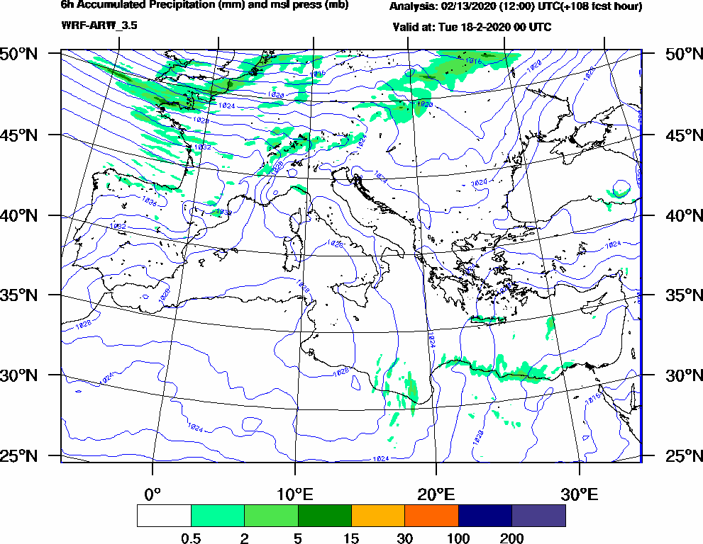 6h Accumulated Precipitation (mm) and msl press (mb) - 2020-02-17 18:00