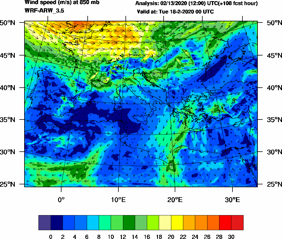 Wind speed (m/s) at 850 mb - 2020-02-18 00:00