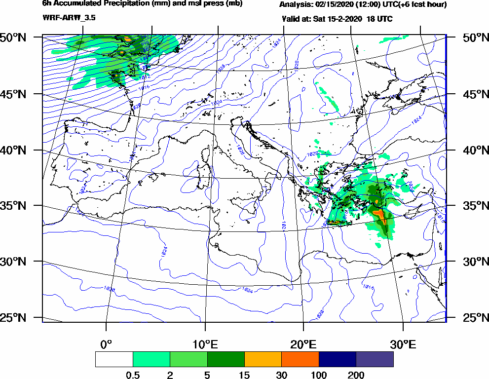 6h Accumulated Precipitation (mm) and msl press (mb) - 2020-02-15 12:00