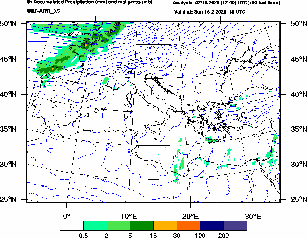 6h Accumulated Precipitation (mm) and msl press (mb) - 2020-02-16 12:00