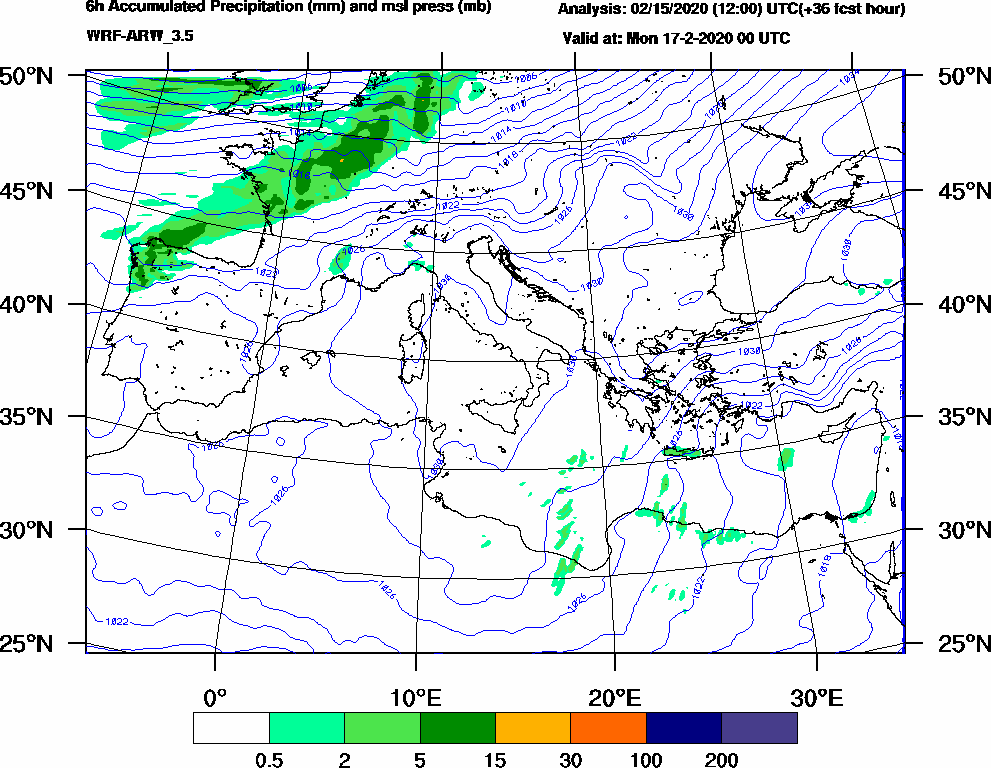 6h Accumulated Precipitation (mm) and msl press (mb) - 2020-02-16 18:00