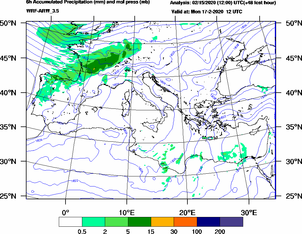 6h Accumulated Precipitation (mm) and msl press (mb) - 2020-02-17 06:00