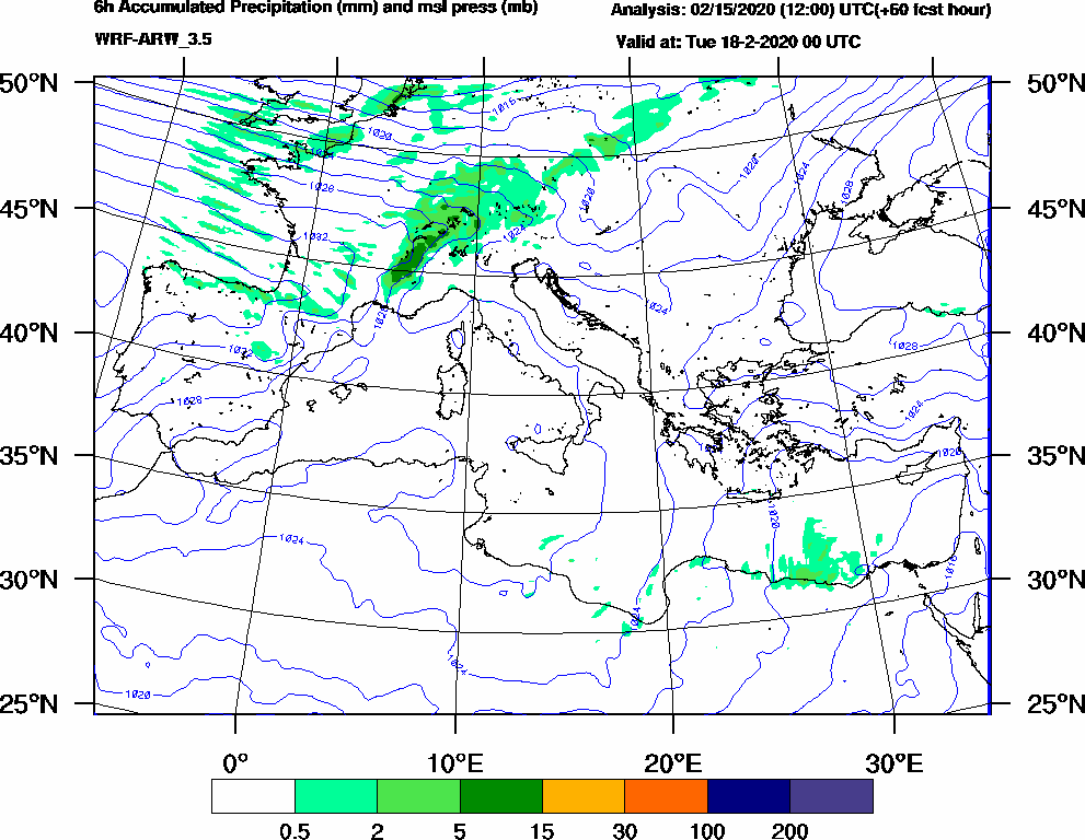 6h Accumulated Precipitation (mm) and msl press (mb) - 2020-02-17 18:00