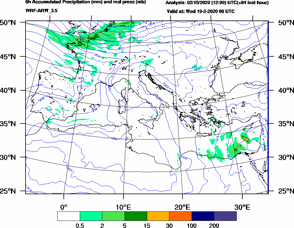 6h Accumulated Precipitation (mm) and msl press (mb) - 2020-02-18 18:00