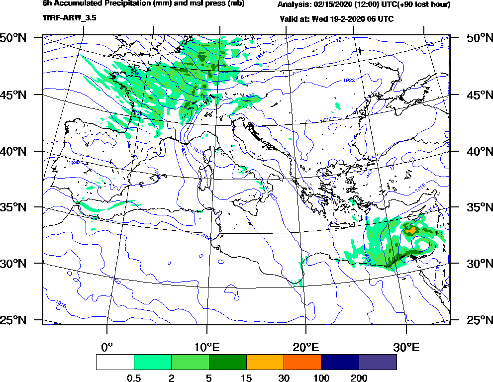 6h Accumulated Precipitation (mm) and msl press (mb) - 2020-02-19 00:00