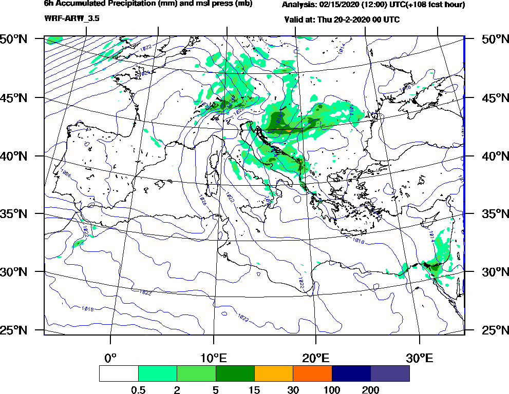 6h Accumulated Precipitation (mm) and msl press (mb) - 2020-02-19 18:00