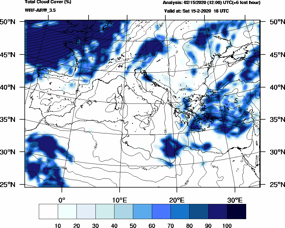 Total cloud cover (%) - 2020-02-15 12:00