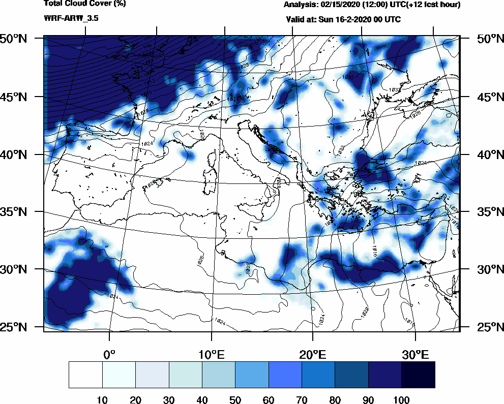 Total cloud cover (%) - 2020-02-15 18:00