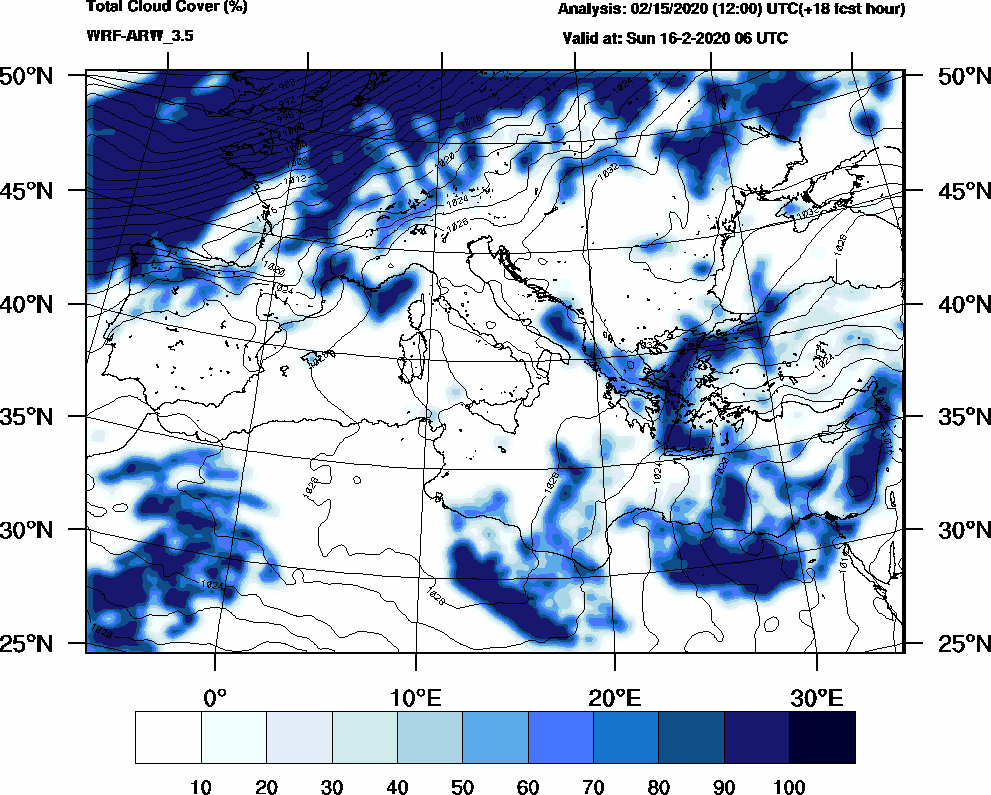 Total cloud cover (%) - 2020-02-16 00:00