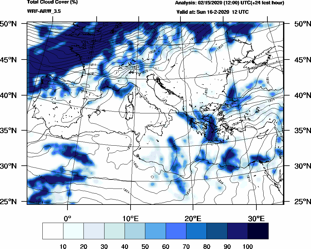 Total cloud cover (%) - 2020-02-16 06:00