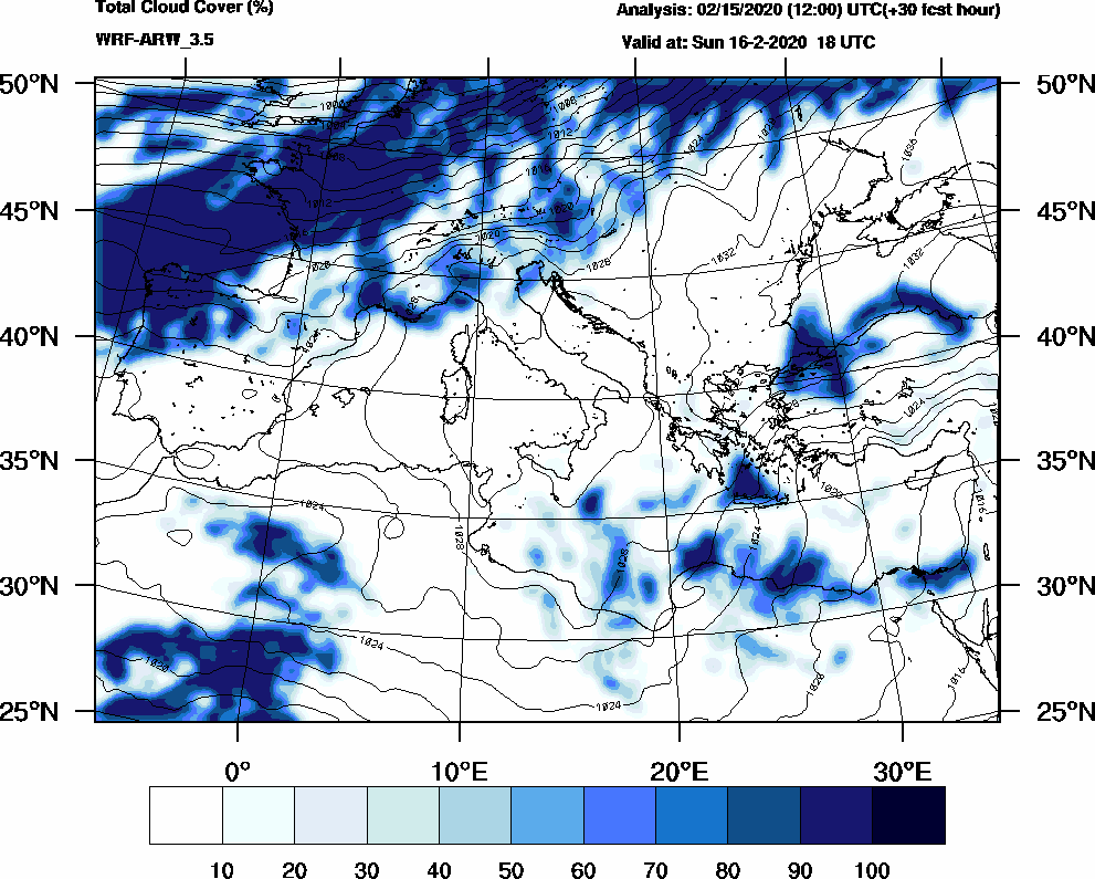 Total cloud cover (%) - 2020-02-16 12:00