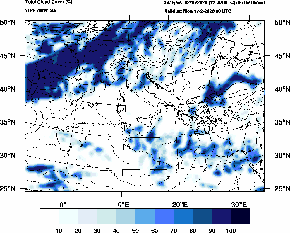 Total cloud cover (%) - 2020-02-16 18:00