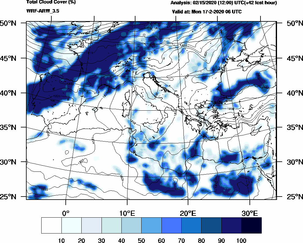 Total cloud cover (%) - 2020-02-17 00:00