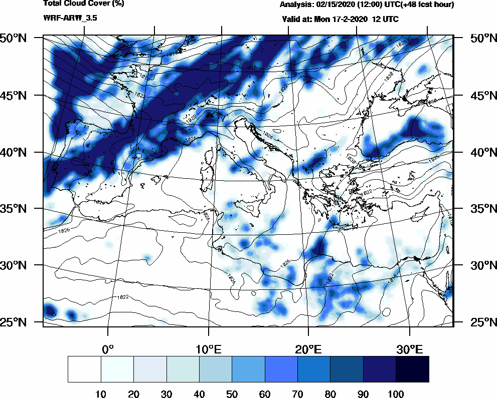 Total cloud cover (%) - 2020-02-17 06:00