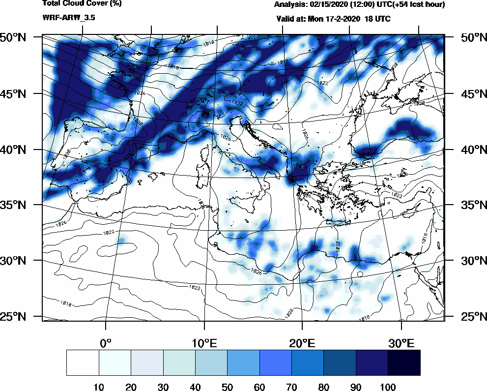 Total cloud cover (%) - 2020-02-17 12:00