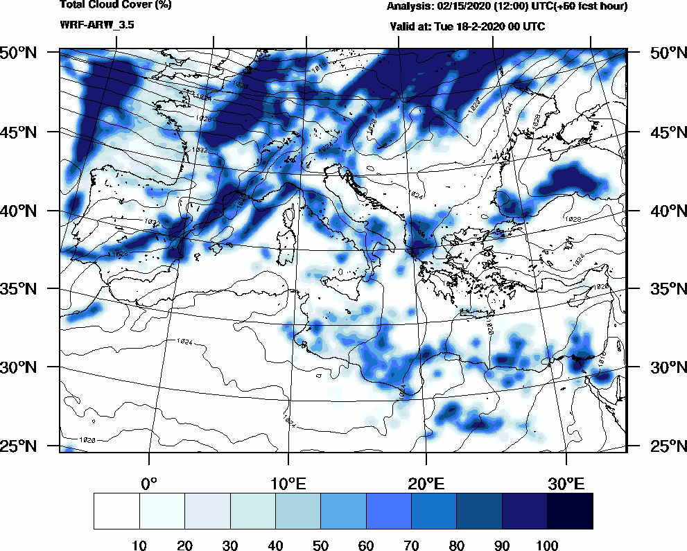 Total cloud cover (%) - 2020-02-17 18:00