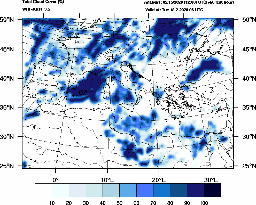 Total cloud cover (%) - 2020-02-18 00:00