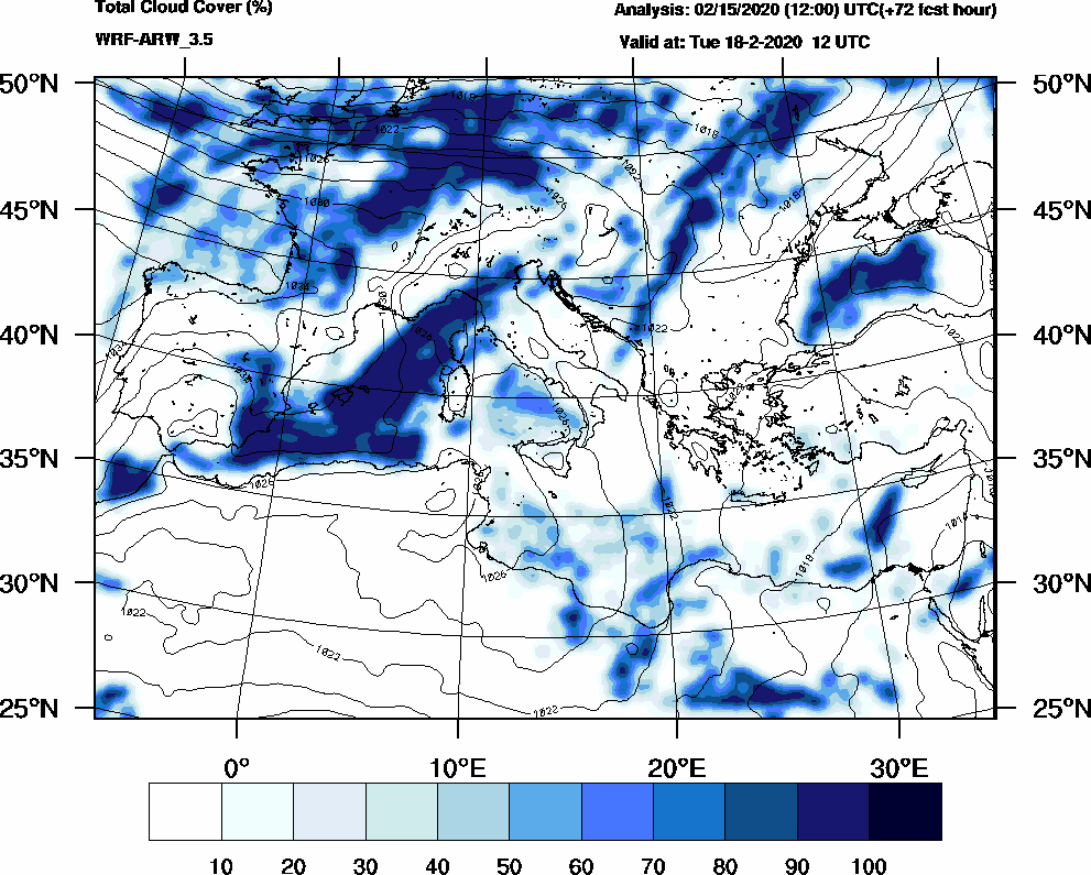 Total cloud cover (%) - 2020-02-18 06:00