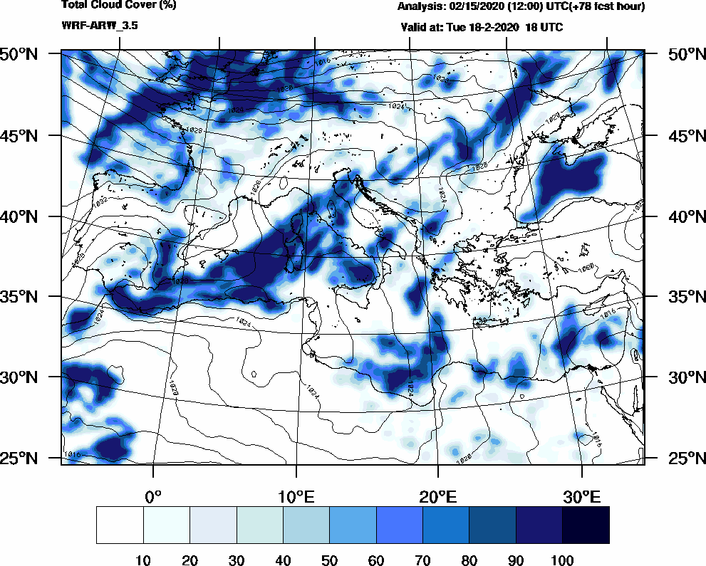 Total cloud cover (%) - 2020-02-18 12:00