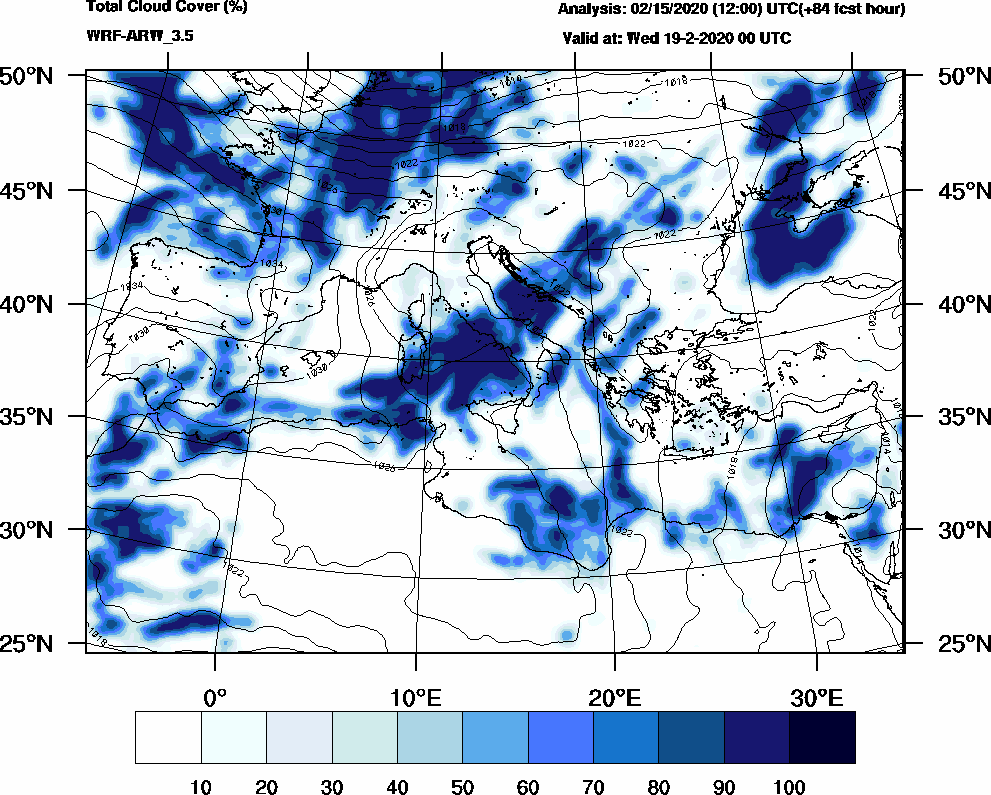 Total cloud cover (%) - 2020-02-18 18:00