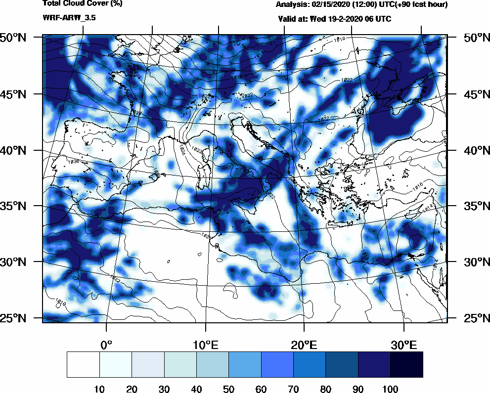 Total cloud cover (%) - 2020-02-19 00:00