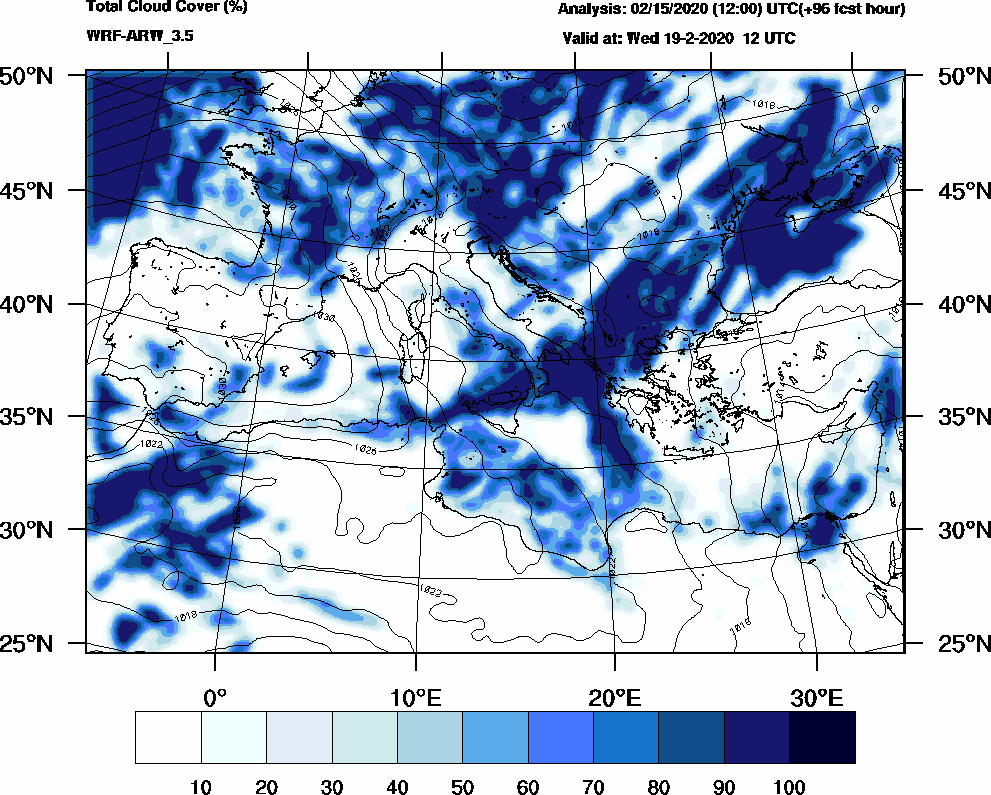 Total cloud cover (%) - 2020-02-19 06:00