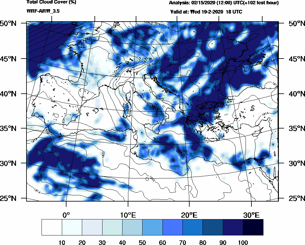 Total cloud cover (%) - 2020-02-19 12:00