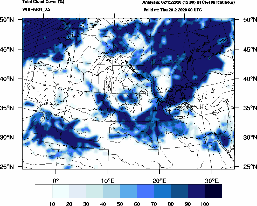 Total cloud cover (%) - 2020-02-19 18:00