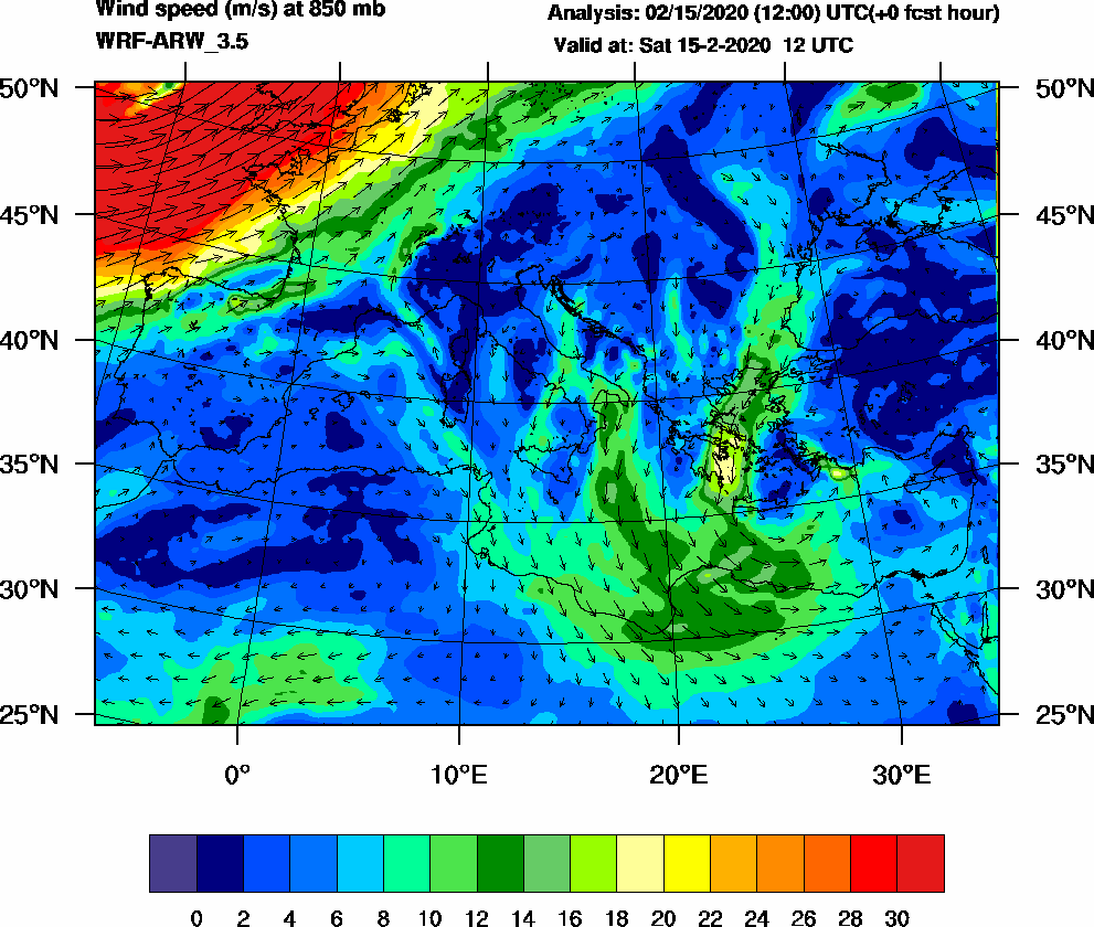 Wind speed (m/s) at 850 mb - 2020-02-15 12:00