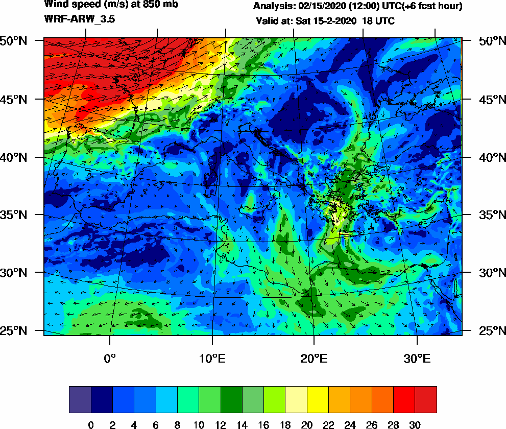 Wind speed (m/s) at 850 mb - 2020-02-15 18:00