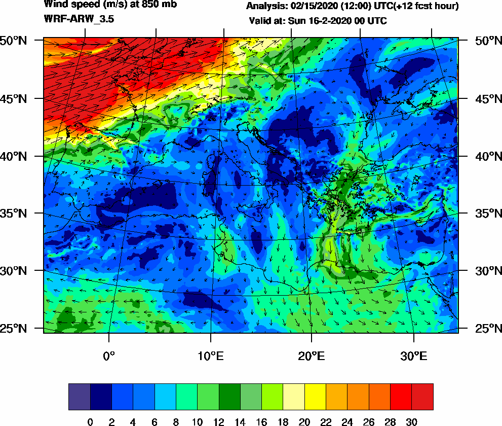 Wind speed (m/s) at 850 mb - 2020-02-16 00:00