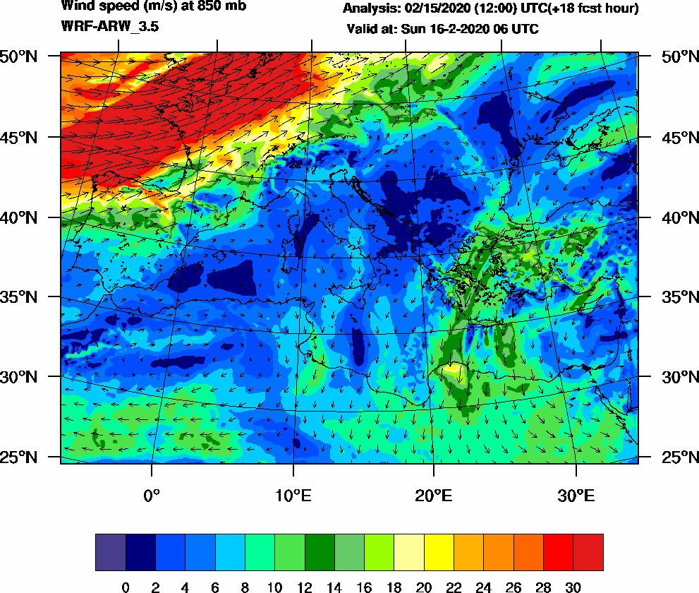 Wind speed (m/s) at 850 mb - 2020-02-16 06:00