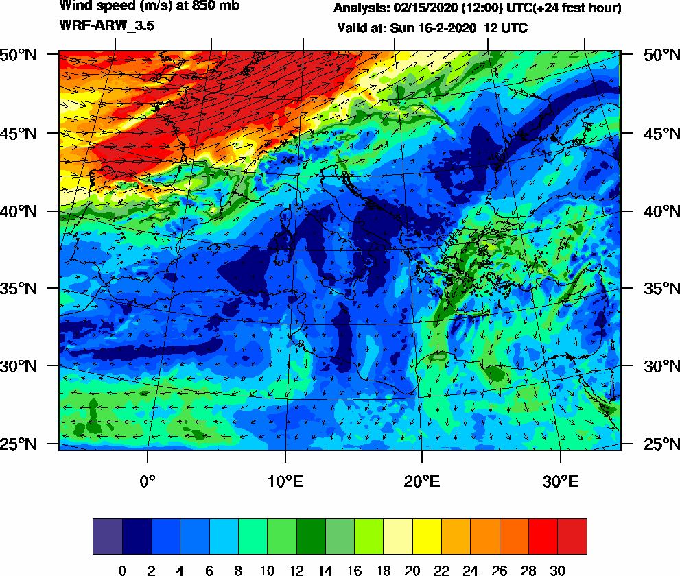 Wind speed (m/s) at 850 mb - 2020-02-16 12:00