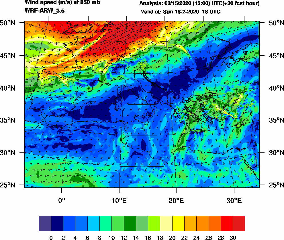 Wind speed (m/s) at 850 mb - 2020-02-16 18:00