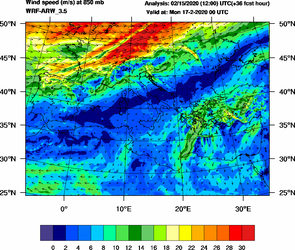 Wind speed (m/s) at 850 mb - 2020-02-17 00:00