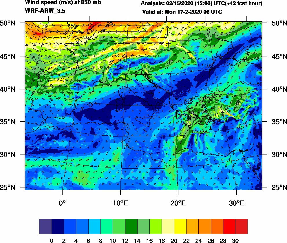 Wind speed (m/s) at 850 mb - 2020-02-17 06:00