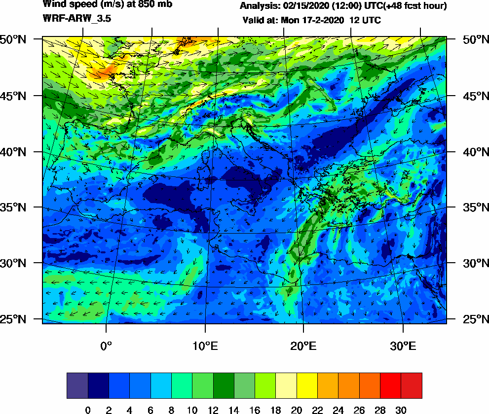 Wind speed (m/s) at 850 mb - 2020-02-17 12:00