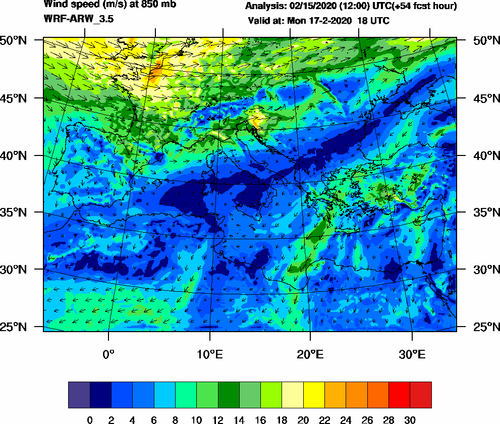 Wind speed (m/s) at 850 mb - 2020-02-17 18:00