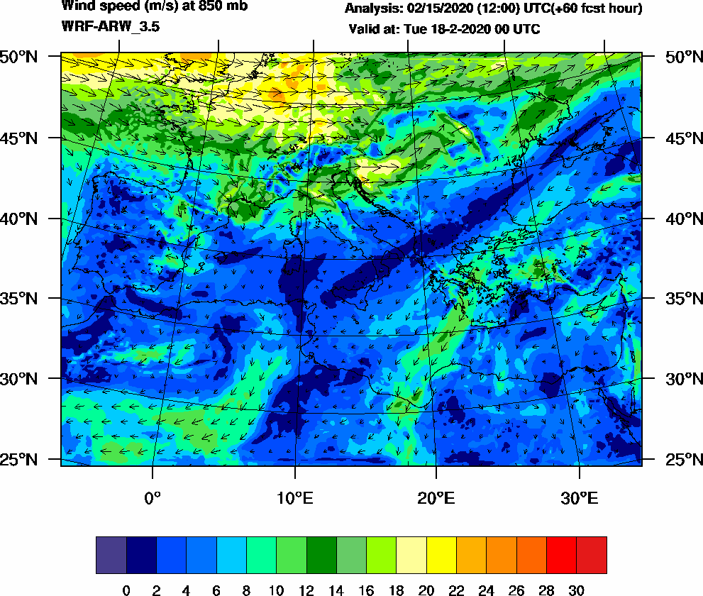 Wind speed (m/s) at 850 mb - 2020-02-18 00:00