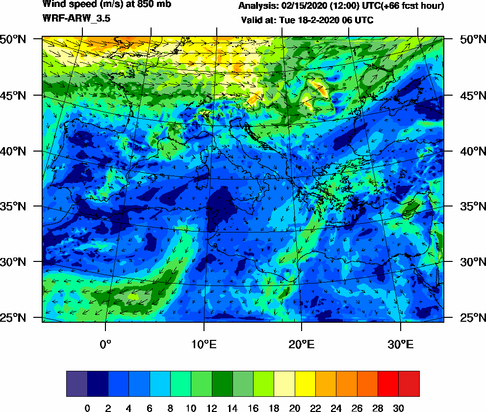 Wind speed (m/s) at 850 mb - 2020-02-18 06:00