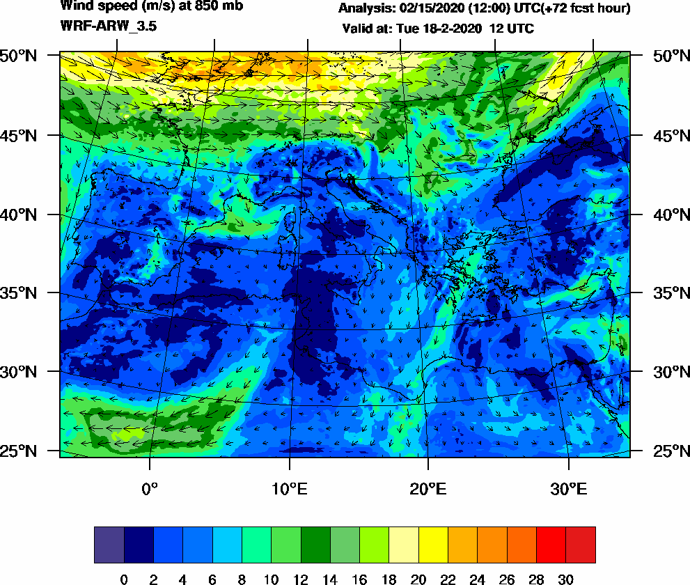 Wind speed (m/s) at 850 mb - 2020-02-18 12:00