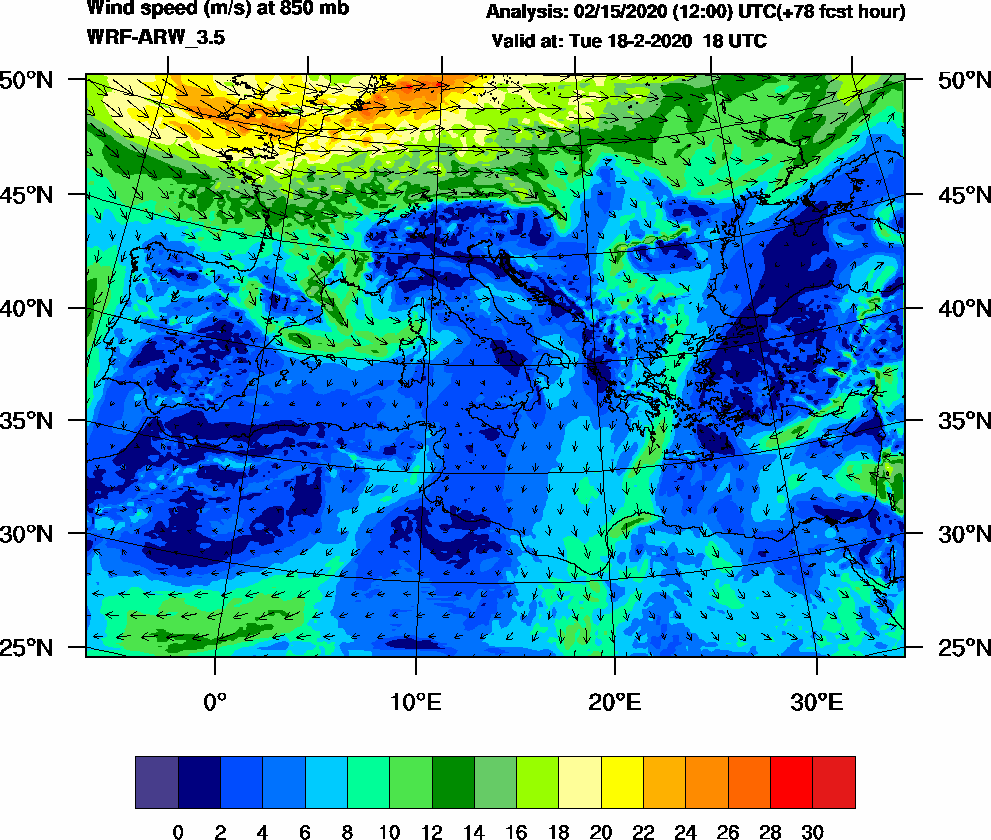Wind speed (m/s) at 850 mb - 2020-02-18 18:00