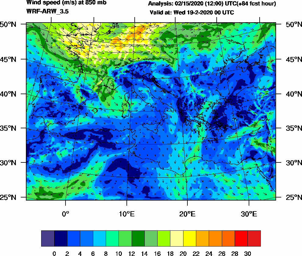 Wind speed (m/s) at 850 mb - 2020-02-19 00:00