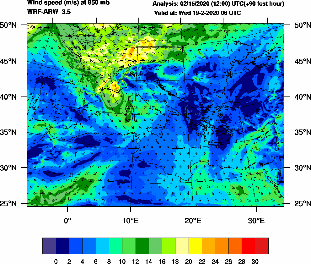 Wind speed (m/s) at 850 mb - 2020-02-19 06:00