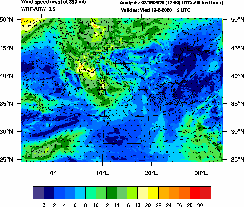 Wind speed (m/s) at 850 mb - 2020-02-19 12:00