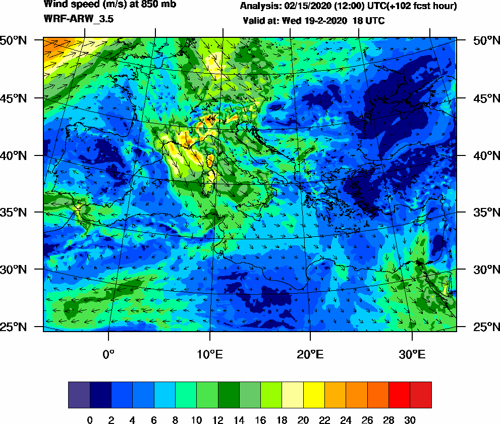 Wind speed (m/s) at 850 mb - 2020-02-19 18:00