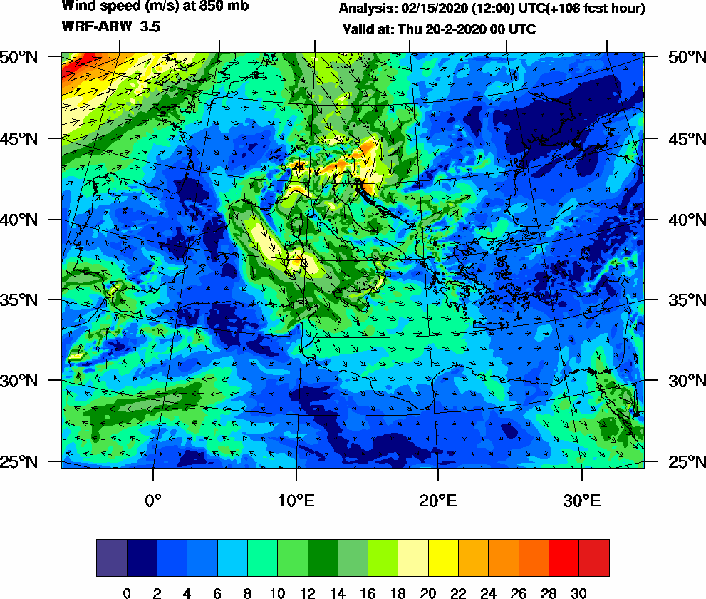 Wind speed (m/s) at 850 mb - 2020-02-20 00:00